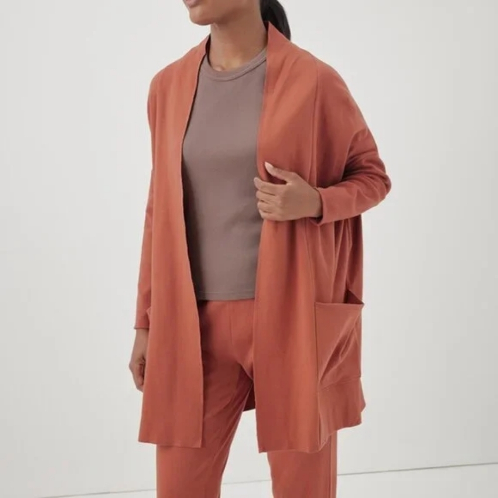 Pact Airplane Cardigan Organic Cotton Burnt Orange Pockets sz M/L Travel Lounge